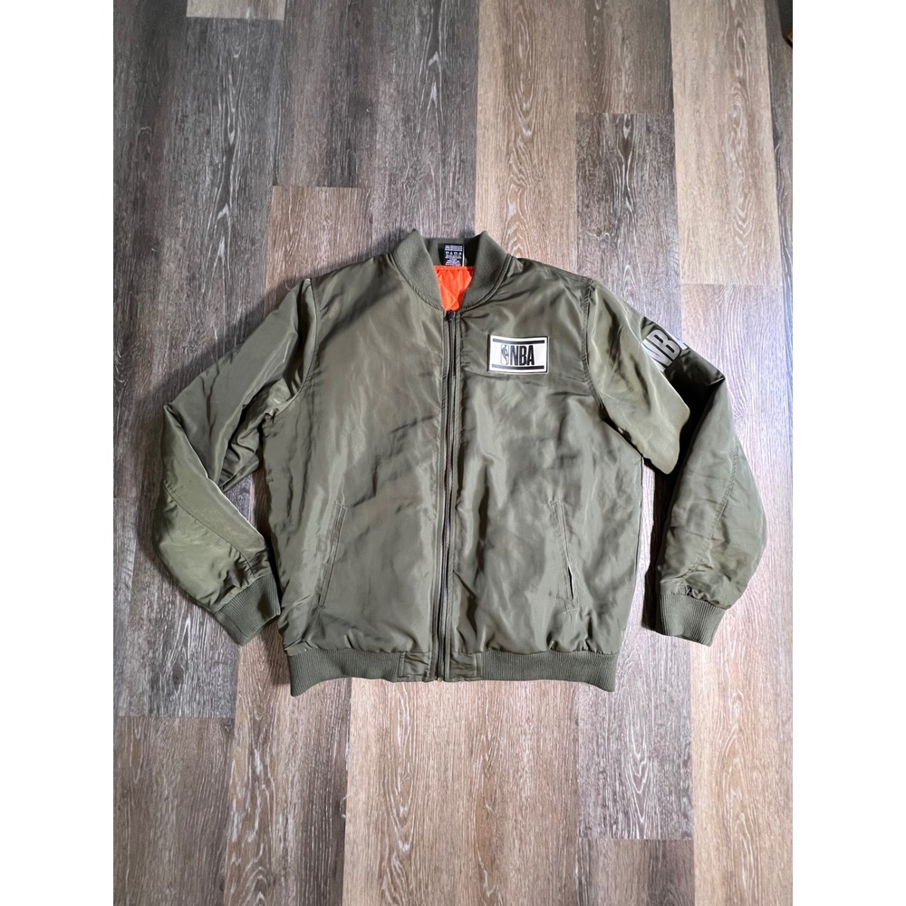 NBA Bomber Jacket Mens Large Olive Green Good Full Zip Quilted Lining Flight